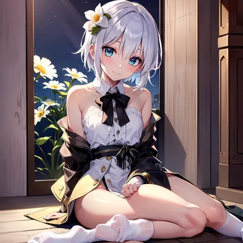 (sitting), (bow), (silver hair), (short hair), (light green eyes), hreat in the eyes, (four-petaled white flower hair ornament: ...