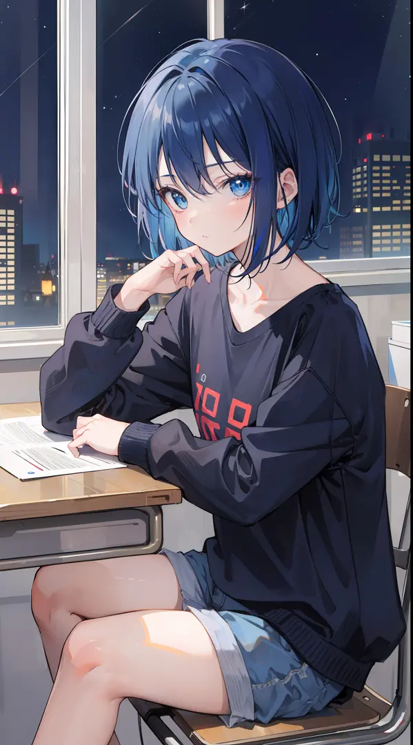 A girl, dark blue hair and bright blue eyes, short hair, wearing a casual cloth, sitting at the study table, night, cute, no exp...