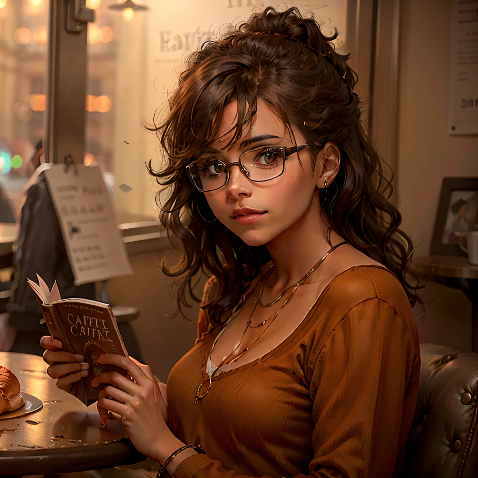 Fotorealistische brünette Frau mit Brille in einem Café, die ein Buch liest, Cafe, Croissant auf dem Tisch, Hohe Detailliertheit