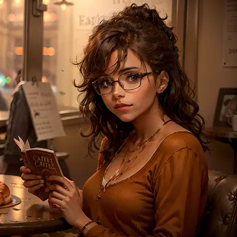 photo realistic brunette girl with glasses in café reading a book, cafe, croissant on table, high detail