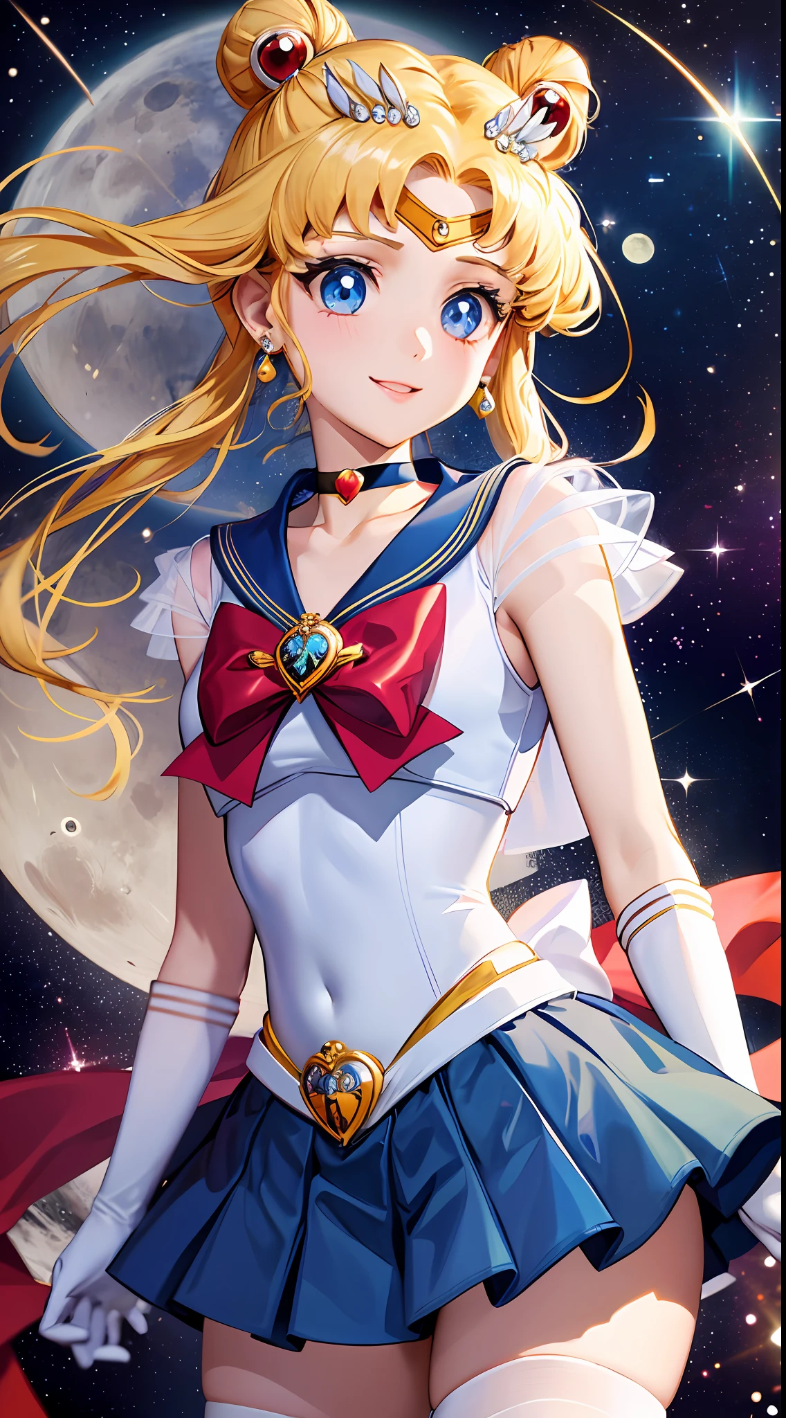 Masterpiece, Best Quality, Hi-Res, Moon 1, 1 Girl, Solo, Sailor Senshi Uniform, Sailor Moon, Usagi Tsukino, Blonde, Magical Girl, Blue Eyes, White Panties, Red Scarf, Elbow Gloves, Tiara, Blue Skirt, Pleated Skirt, Mini Skirt, Choker, White Gloves, Jewelry, Earrings, Smile, Background Is Space (Excellent Detail, Excellent Lighting, Wide Angle), skirt lift, show panties,