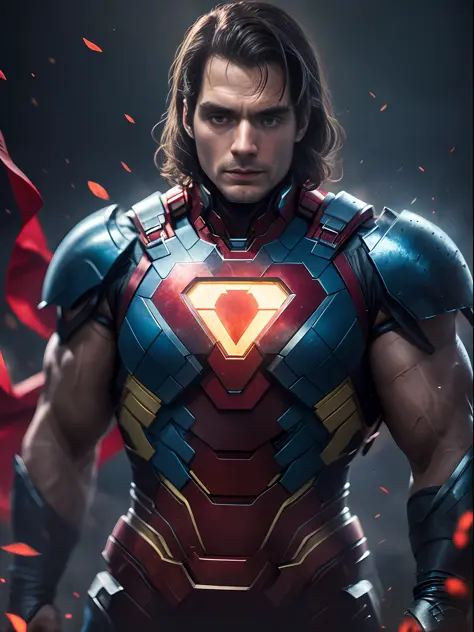 1人，独奏，Henry Cavill as Superman，40s year old，All blue and red detail suits，With bare hands，Big red S symbol on the chest，red cape...