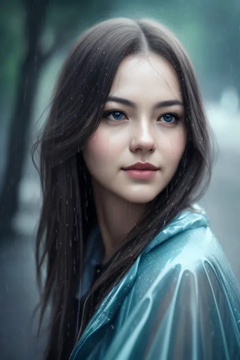 This is、Woman looking at camera in rain、cinematic realistic portrait、Surreal Digital Painting、Surreal Digital Art、Soft portrait ...