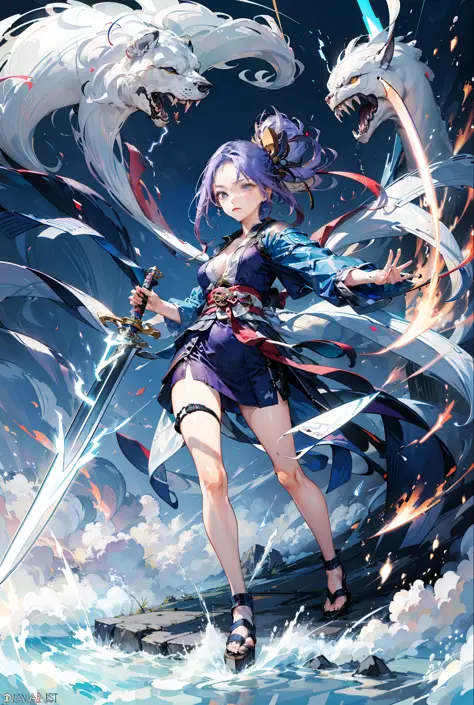 （finest）High picture quality，There is a purple thunderbolt effect，Plus serious Valkyries，And there is（There is wind）The element of 'purple thunder'， (Female characters，frontage，The whole body is lit up）whaite hair，holding samurai sword，Vivid details，The ba...