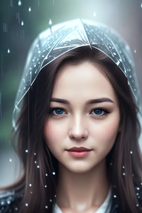 This is、Woman looking at camera in rain、cinematic realistic portrait、Surreal Digital Painting、Surreal Digital Art、Soft portrait ...
