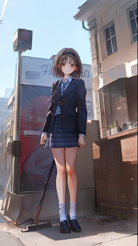((((ultra illustrated style:1.0)))),Best quality,best animated,masutepiece,Ray tracing, Global Illumination,Head,uniform,1girl in, Solo,Standing, Looking at Viewer, Outdoors,Street, Full body,