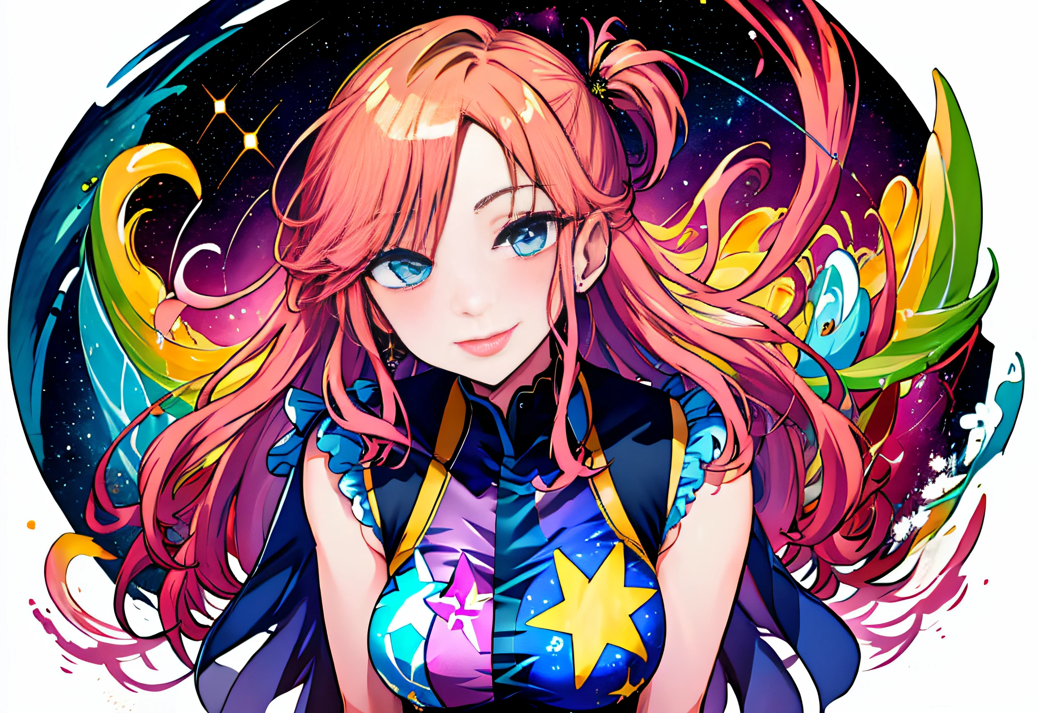 (Masterpiece, Best Quality), highres, Manga, (2d), (Traditional Media:1.2), (official art), 1woman, (solo), dynamic, portrait, retro artstyle, a cartoon character on a colorful background on a delicious drizzling cake, art by ro_g_(oowack), wide shot, (mature female:1.2), pastel, tropical, [outline], (upper body:1.2), Vermilion hair, Gainsboro eyes, (detailed deep eyes), half-closed eyes, (tsurime), (lips, nose, long face:1.2), (aged up:1.2), (milf), elegant, curvy, [tall female], very long hair, (sidelocks:1.3), fringe trim, alternate hairstyle, expressive, (star print:1.2), pose, (Ayami Kojima), light smile, flirting, translucent skirt, appliques, candy trim, bubblegum, blush, surprised, treats, chocolate bar, high detail illustration, lineart, space art, magnificent, perfect composition, jelly, wrapped candy, sweet, gelatin, [caustics], (Midi dress), large breasts, adapted costume, frills, fantasy, shiny, cinematic lighting:1.1, scenery, (glaze), high heel boots, lace trim, contrast, extremely detailed, intricate, (Details:1.2), Clothing style, Clothing print, (mid shot, full body), floating particles, art deco,