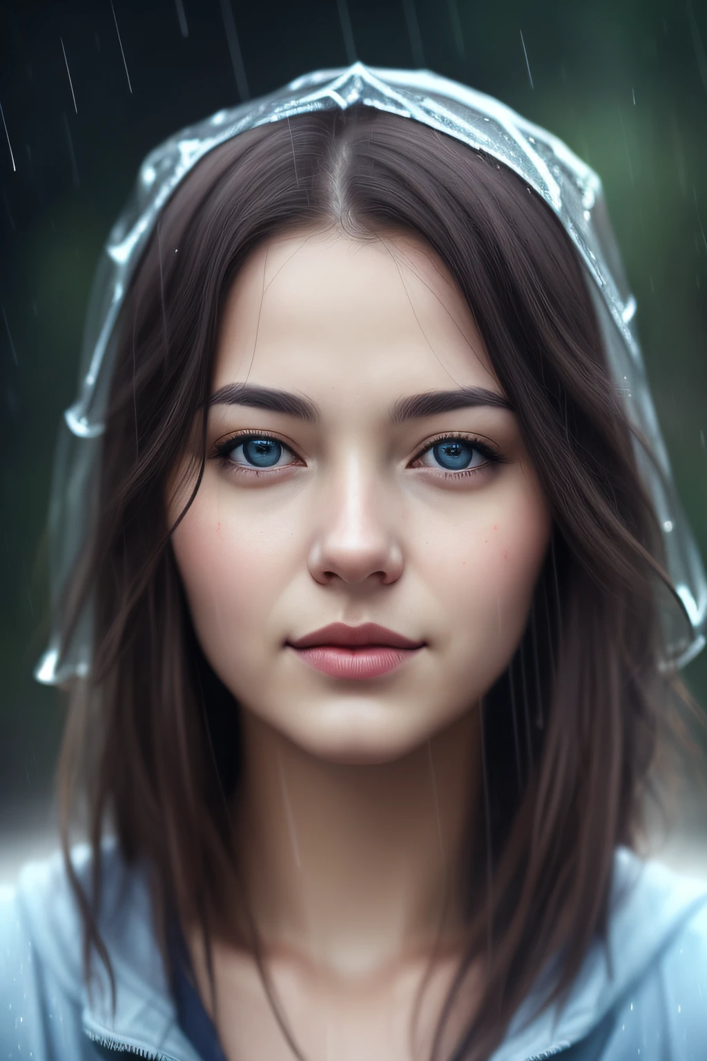 This is、Woman looking at camera in rain、cinematic realistic portrait、Surreal Digital Painting、Surreal Digital Art、Soft portrait shots、4k、8k、Raindrops on the face、Beautiful photorealistic images、