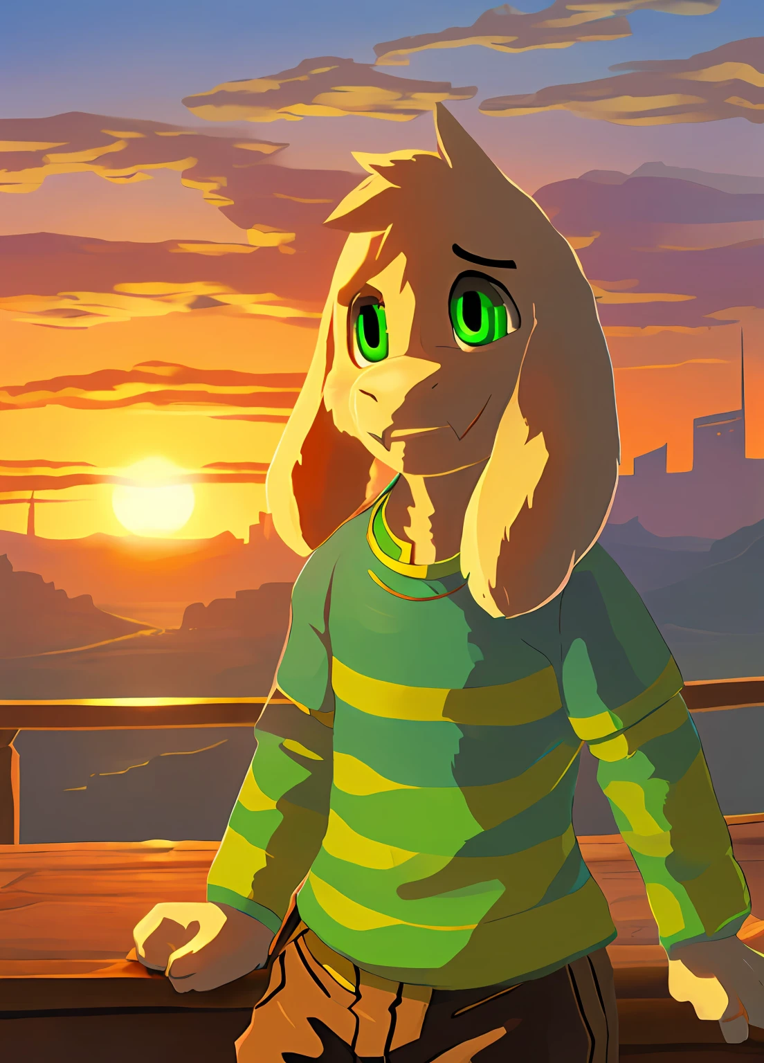 1boy,(( )), green t-shirt, pants, solo, kid, child, sit, sunrise, city, (green t-shirt, brown pants), (best quality, ultra-detailed, best illustration, masterpiece, high res, professional artwork, famous artwork), realistic paint, (insane detailed eyes, green shine eyes), white fur, detailed realistic painting, male, detailed white fur, asriel, portrait, detailed hands, shaded, four fingers, insane details, looking forward, cartoon, cute 
botw style