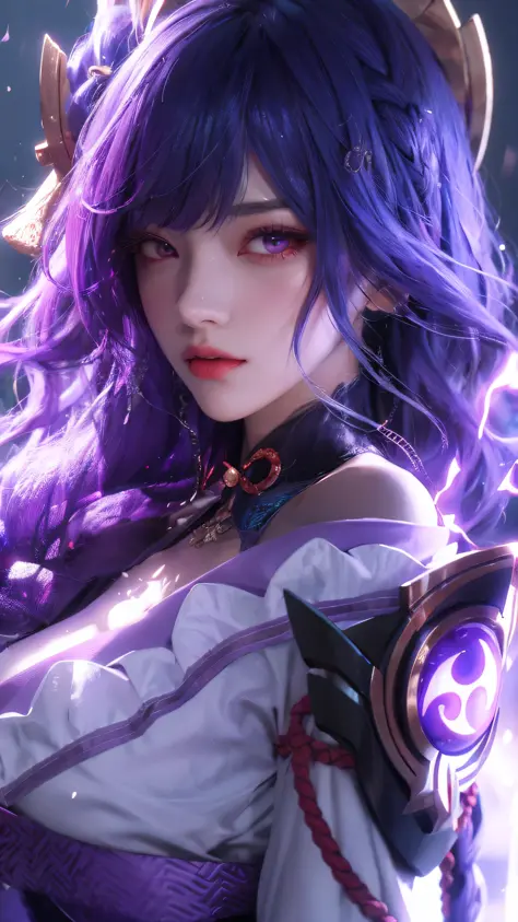 anime girl with purple hair and horns holding a purple and black weapon, Detailed digital anime art, Portrait Chevaliers du Zodiaque Fille, Extremely detailed Artgerm, 2. 5 D CGI anime fantasy artwork, Anime fantasy artwork, Digital anime art, style of ani...
