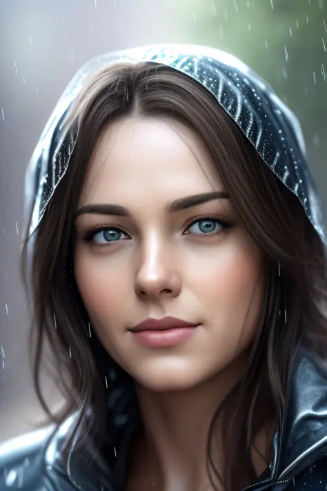 here is a woman that is looking at the camera in the rain, cinematic realistic portrait, ultra realistic digital painting, ultra...
