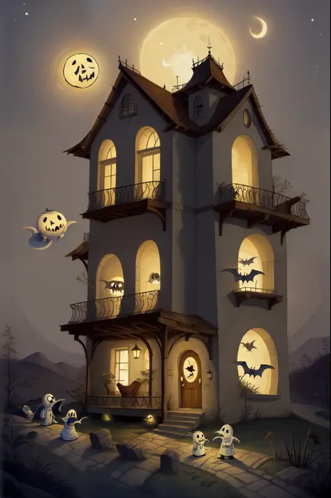 Casa embrujada en una colina, calabaza, Bats, luna llena, lente de ojo de pez, Ghosts and children on the front page