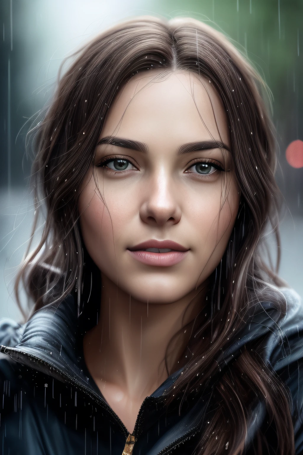 here is a woman that is looking at the camera in the rain, cinematic realistic portrait, ultra realistic digital painting, ultra-realistic digital art, soft portrait shot 8 k, rain drops on face, ultra realistic digital art, hyperrealistic digital painting, hyper realistic digital painting, hyperrealistic digital art, ultrarealistic digital art, beautiful photorealistic imagery, hyper realistic digital art