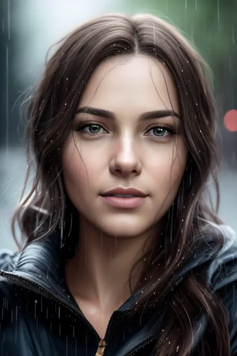 here is a woman that is looking at the camera in the rain, cinematic realistic portrait, ultra realistic digital painting, ultra...