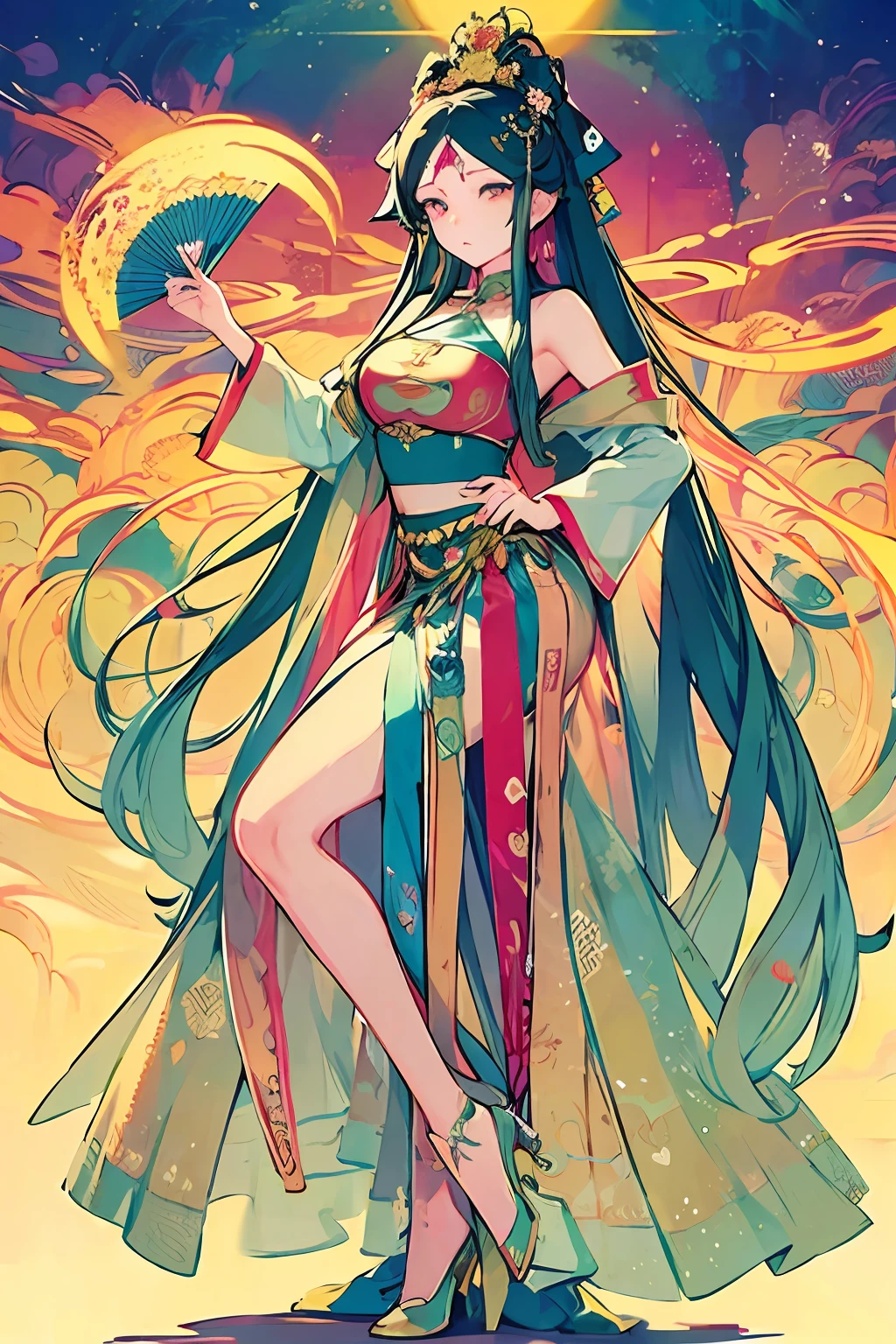 masterpiece, best quality, 1girl, magical girl, long blue hair, detailed dunhuang_cloths, dunhuang_fan, flowers, vivid colors, expressionless, full body