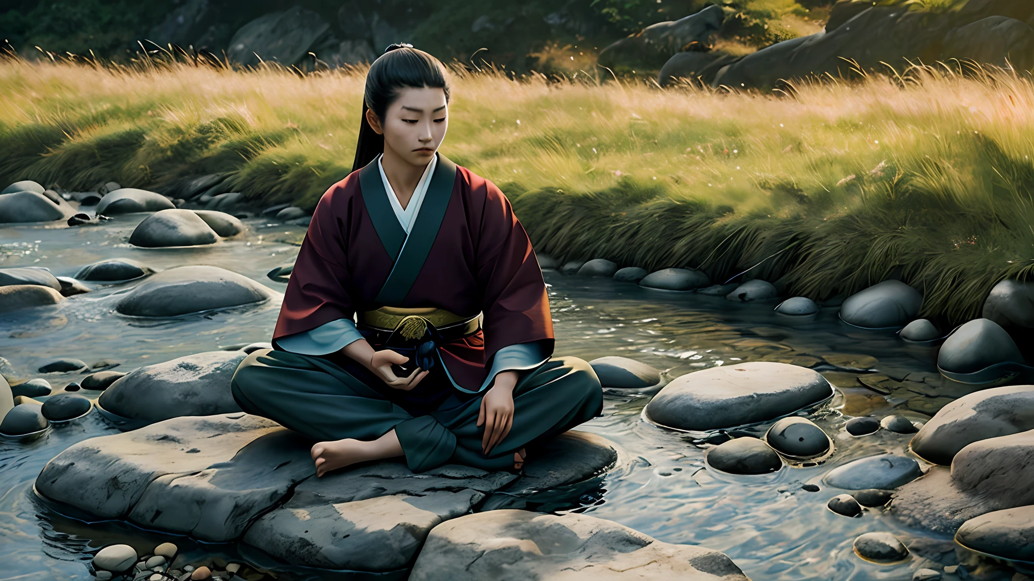 Beautiful Samurai, Meditating sitting, on the edge of a river full of stones, at sunset, ultra realistic photo, perfect face details, good skin texture, perfect shadows and light, award winning photo