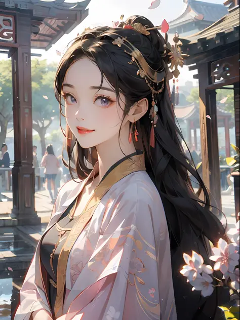 best quailty，tmasterpiece，超高分辨率，1girlhugebreasts，((Black coiled hair))，Purple eyes，Frontal photo，Close-up of，Hanfu，((Lilac plain...