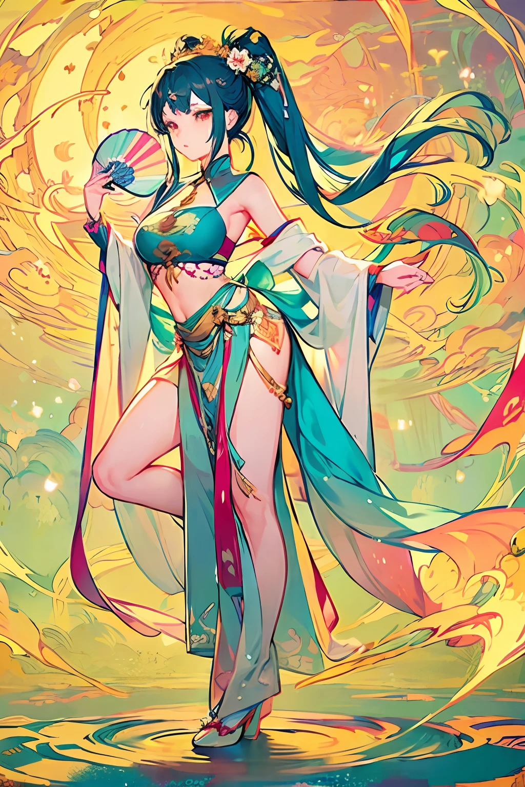 masterpiece, best quality, 1girl, magical girl, long blue hair, detailed dunhuang_cloths, dunhuang_fan, colorful flowers, vivid colors, expressionless, full body