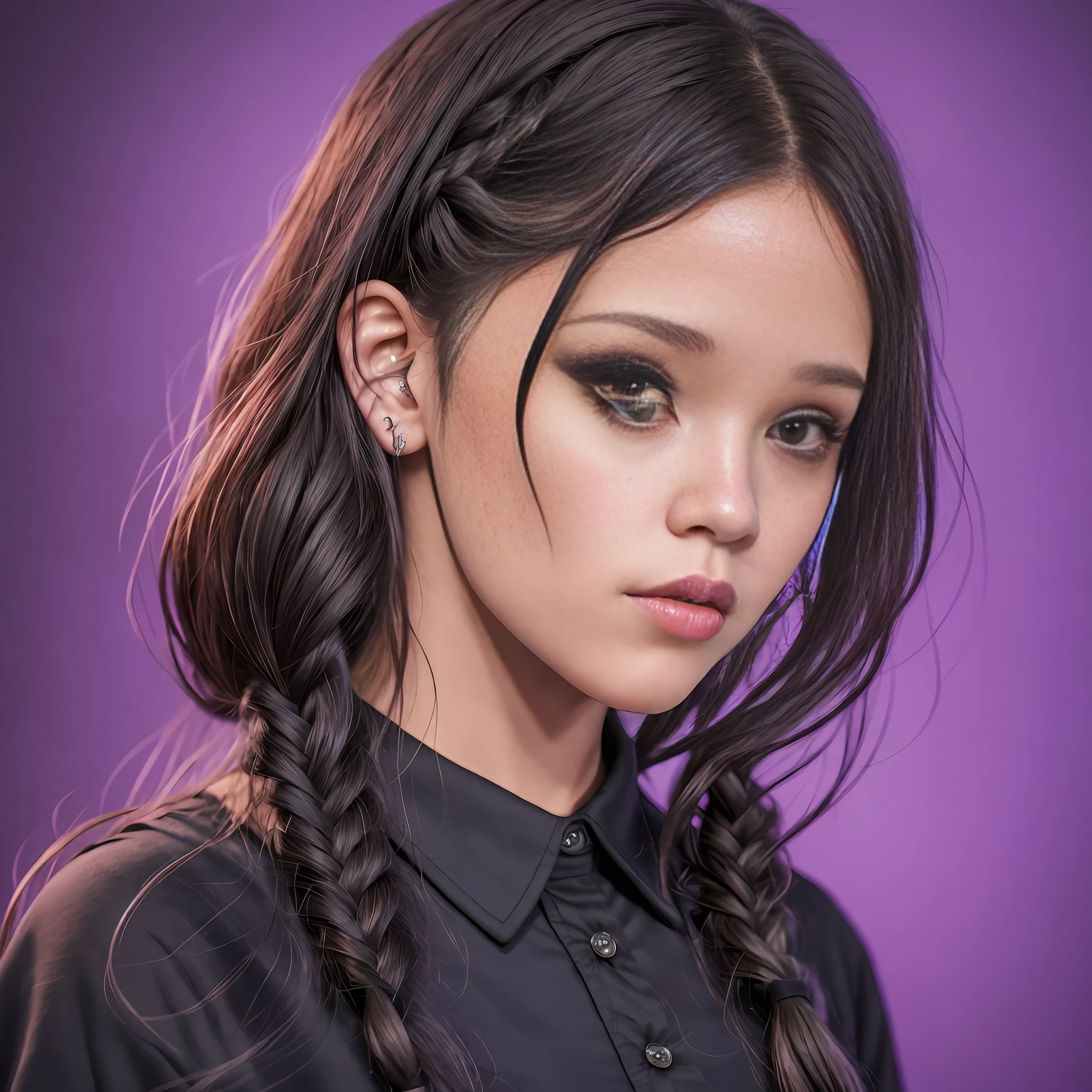 a photo of the beautiful Jenna Ortega as Wednesday Addams, Netflix, black hair, sunset, woman with braids and a collared shirt posing for a photo, a character portrait by Andrei Kolkoutine, trend in cg society, international goth, Wednesday Addams, as Wednesday Addams, school girl in gothic dress, portrait of cute goth girl,   with maria-chiquinha blacks, 17 - years old - old gothic girl, gothic girl, gothic girl dressed in black, style of (Steve McCurry), Nikon Z FX device, EF 70mm lens, cinematic lighting, studio context, long exposure style, long shot type, vibrant color scene, photorealistic, intrinsic, beautiful face, ultra-detailed face, perfect body, whole body, flawless, realistic, highly detailed,  art station, trend, masterpiece, realistic face, realistic skin, detailed eyes, great art, render ultra realistic n-9, 4K, 8K, 16K, 20K, HDR, UHD, 64K, perfect lighting, studio lighting, photorealistic, hyper realistic, symmetrical face, unreal engine, bokeh, high resolution scanning, professional photography