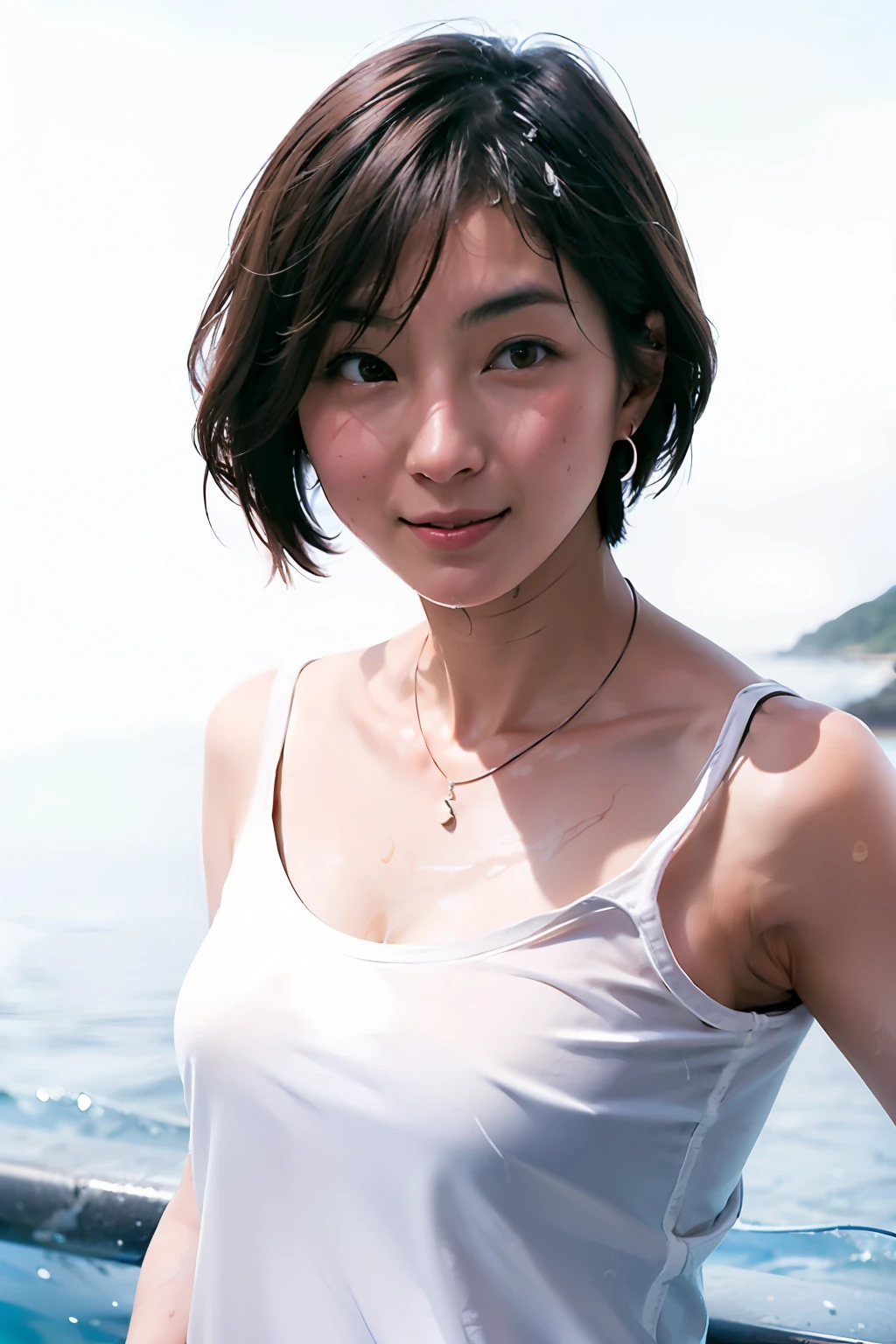1girl, japanese, photorealistic, beautiful and detailed face, looking at viewer, simple background, solo, ocean, white shirt, see-through, small breasts, tank top. sunny, summer vacation, beach, (short hair, wet),  smile, cinematic lighting, movie, japanese drama, (necklace), earrings