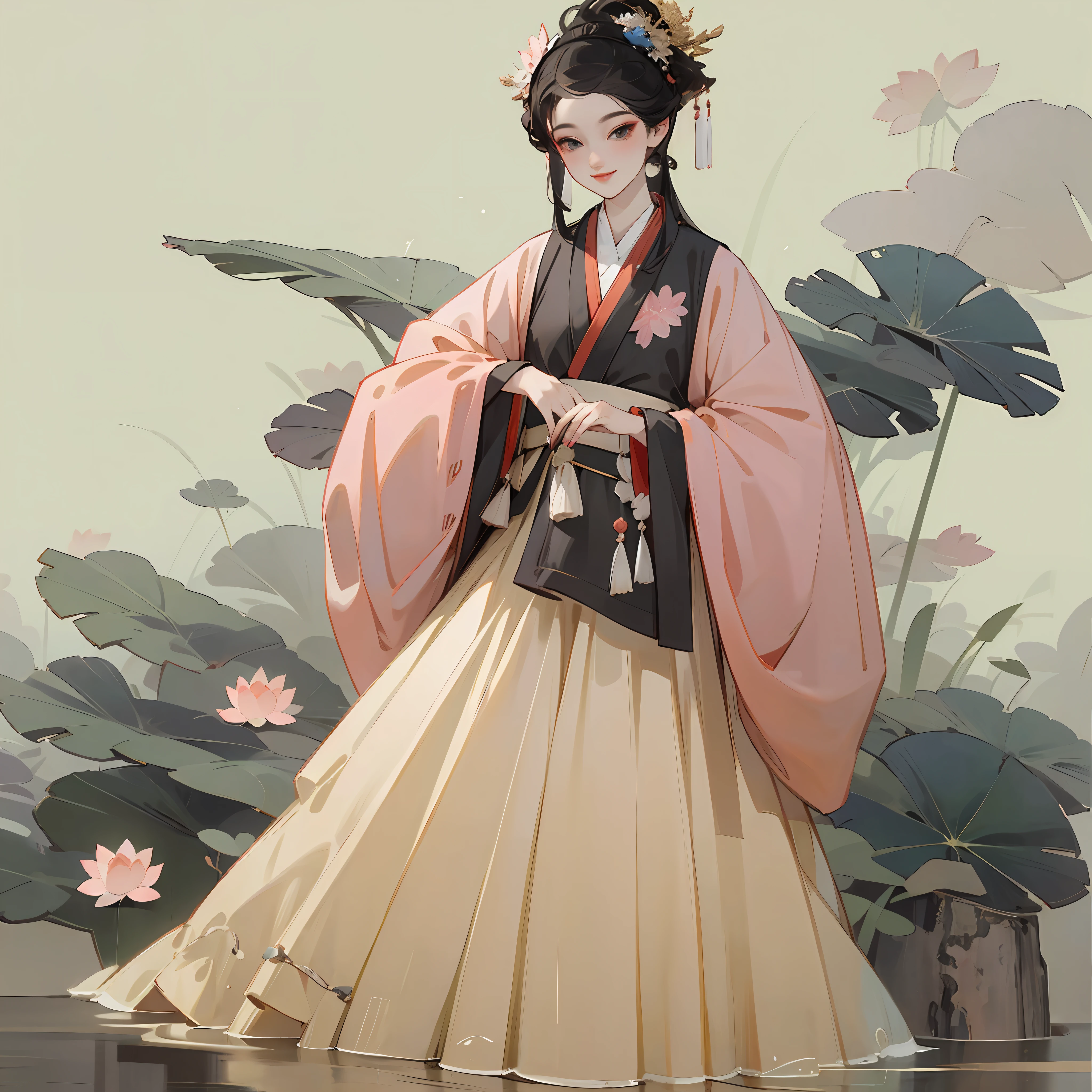 ((4k,masterpiece,best quality)), shuimobysim, Chinese painting, lotus, hanfu, maxiskit, dress conservatively 1girl, solo, long black hair, smile, standing, feet in water, barefoot, --auto