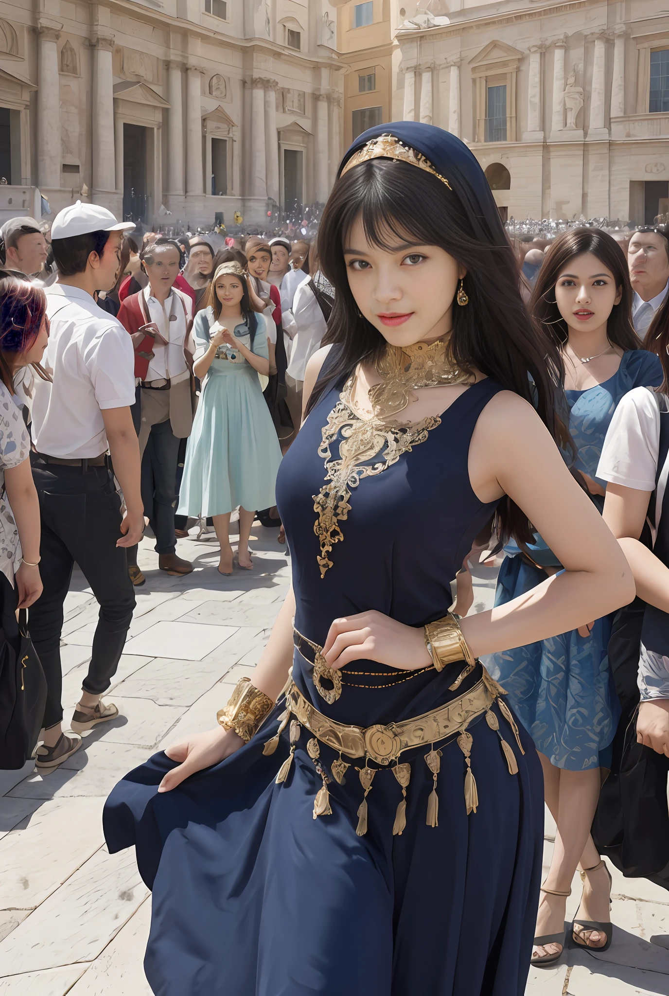 (Masterpiece, Best quality, Realistic),
1girl big breasts,(on the St. Peter's Square of Vatican,crowd), Saint. Peter's Square of Vatican background, gypsy dress, Dancing, Intricate, Dark blue dress, Gold,banquet, crowd, picking up skirt,Pale skin,
[Slight smile],