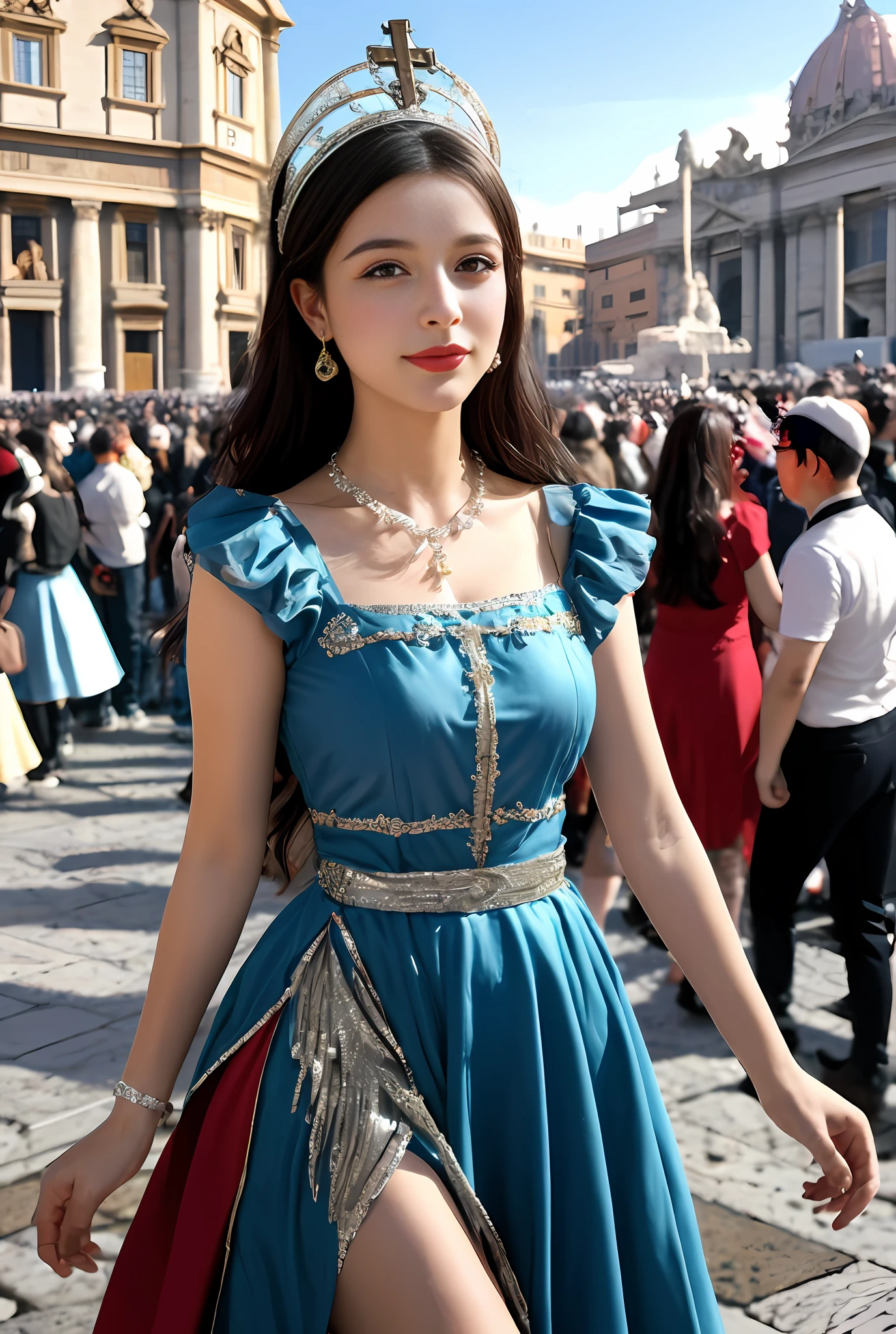 (Masterpiece, Best quality, Realistic),
1girl big breasts,(on the St. Peter's Square of Vatican,crowd of), Saint. Peter's Square of Vatican background,gypsy dress,(Princess Eyes,shiny pupils),Dancing,banquet, crowd, picking up skirt,
[Slight smile],