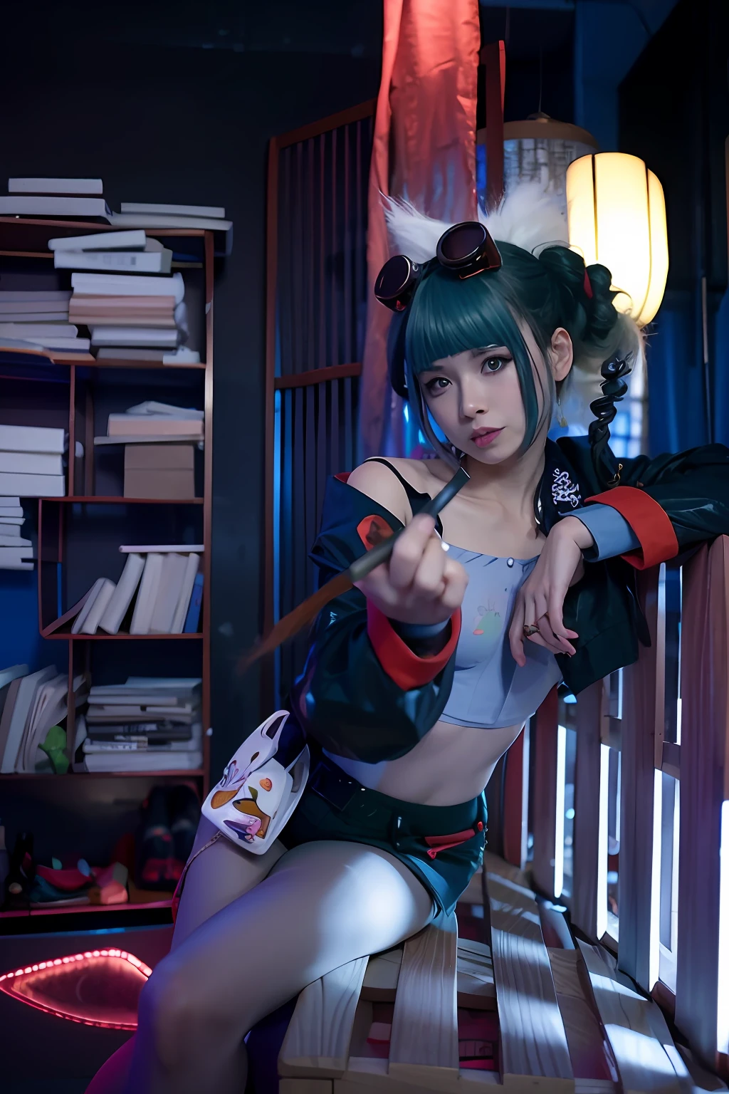 Il y a une femme avec des cheveux verts et une veste noire., Style anime mélangé avec Fujifilm, cosplay animéer, Cosplay de fille d&#39;animeer, Geisha cyberpunk, En tant que personnage d&#39;Overwatch, très beau samouraï cyberpunk, cosplay professionneler, cosplayer, cyberpunk en colère magnifique déesse, style cyberpunk, Loba Andrade des légendes Apex, fille animée cyberpunk, Inspiré par Masamune Shirow, inspiré de l&#39;anime