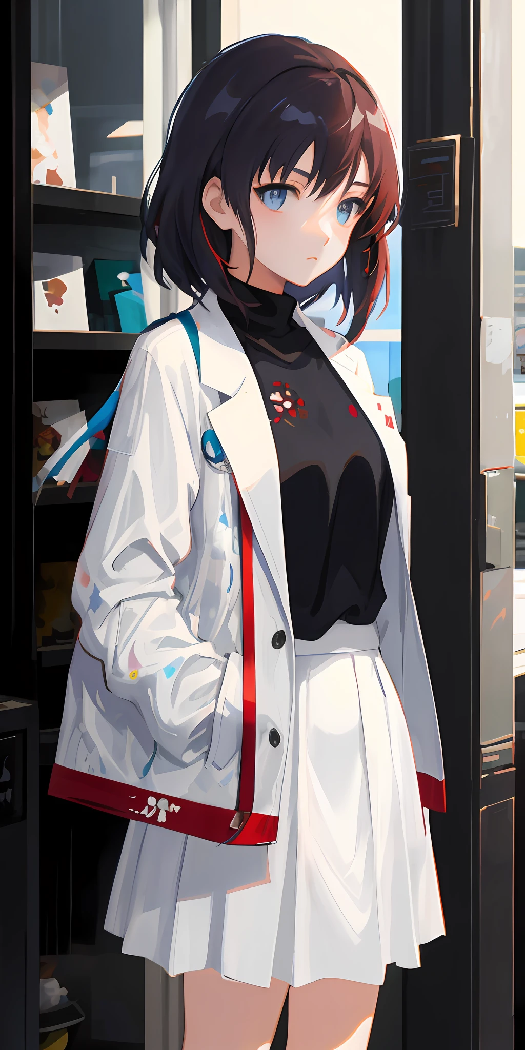 anime girl in a short skirt and jacket standing in front of a store, Kantai collection style, painted in anime painter studio, Smooth anime CG art, With a lab coat, style of anime4 K, makoto kano, high detailed official artwork, Best anime 4k konachan wallpaper, Ilya Kuvshinov. 4 k'', New Xiangcheng