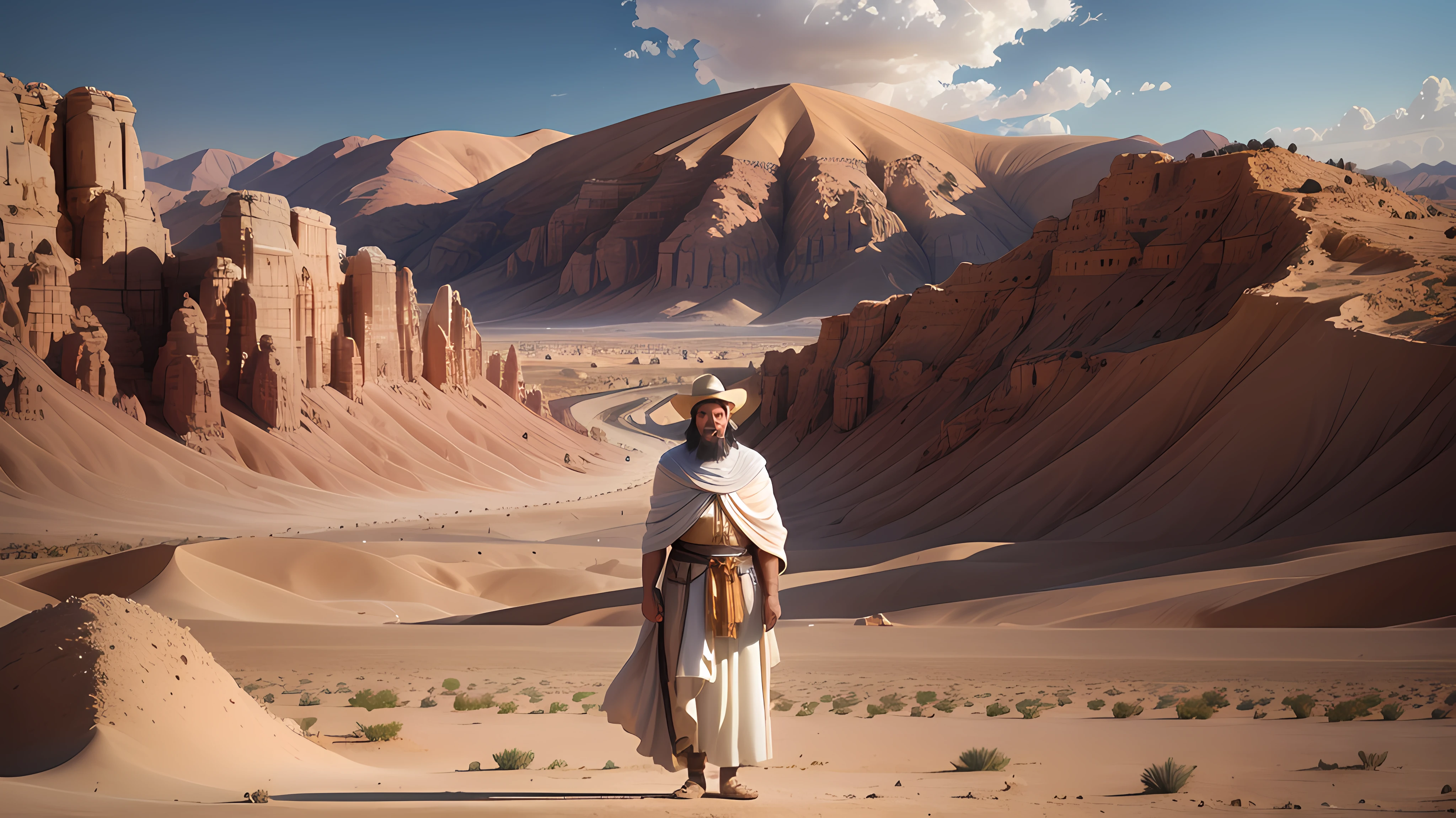 Arafed man in a white robe and hat standing in a desert - SeaArt AI