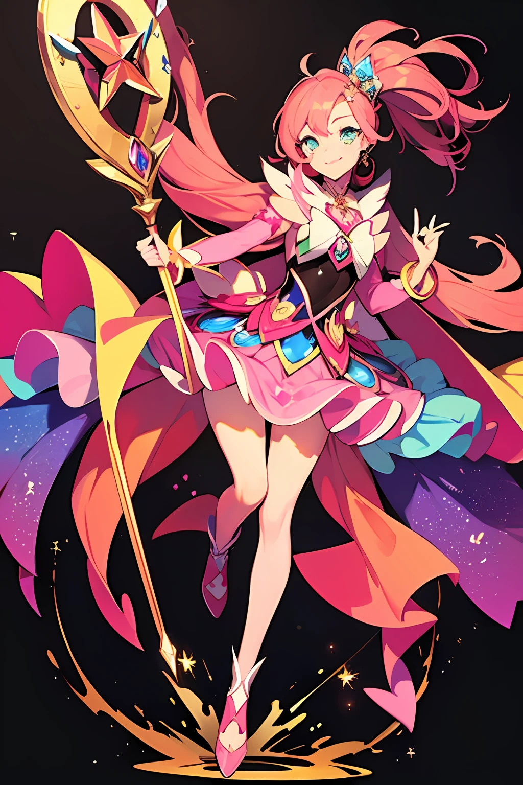 masterpiece, best quality, 1girl, magical girl, long pink hair, detailed dress, colorful pattern, colorful gems, colorful crystals, a magical girl staff, vivid colors, light smile, full body