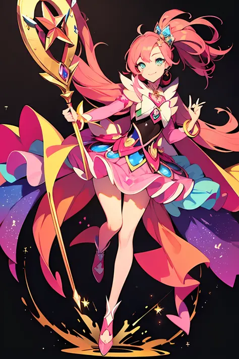 masterpiece, best quality, 1girl, magical girl, long pink hair, detailed dress, colorful pattern, colorful gems, colorful crysta...
