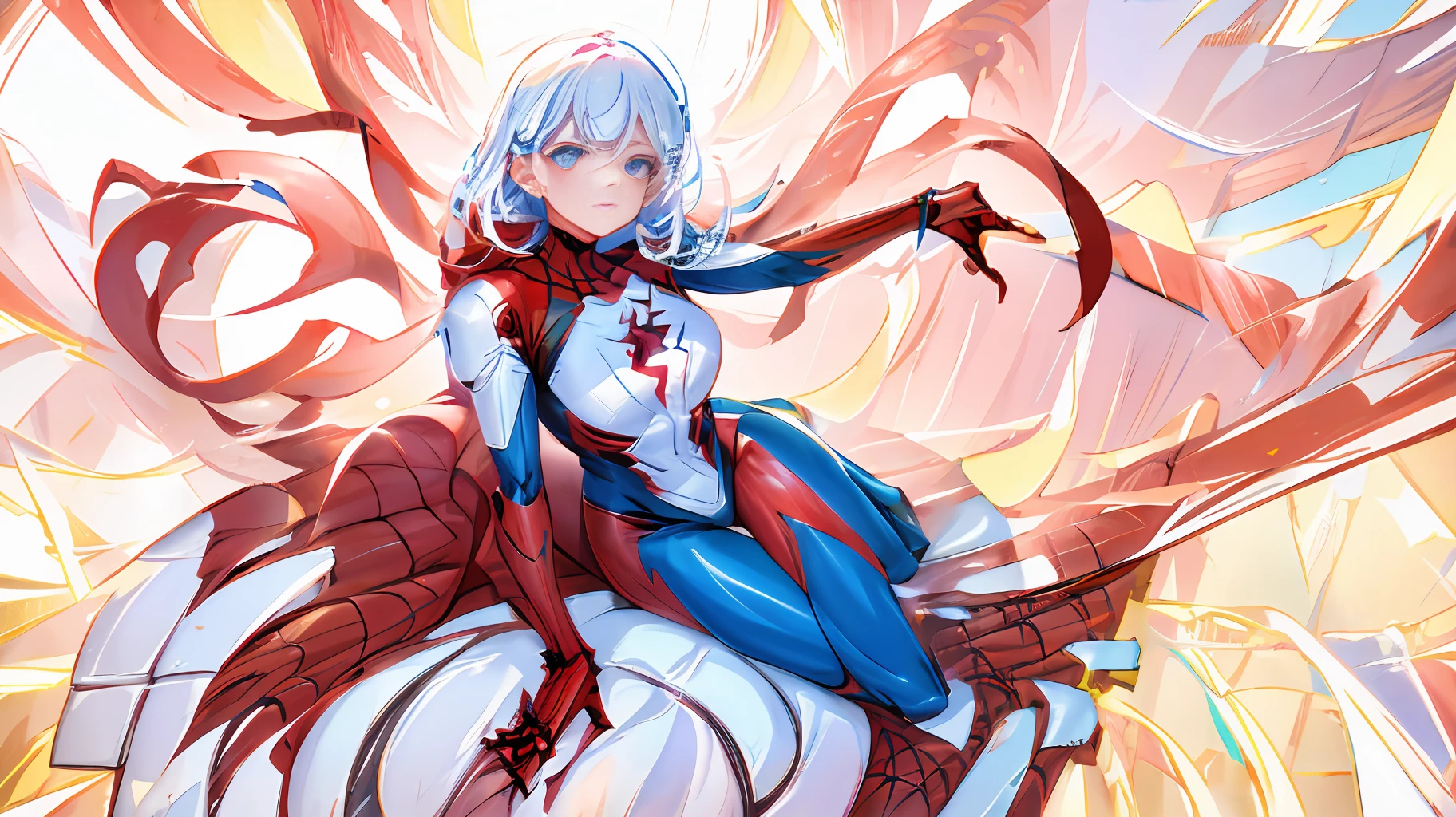 4k, realistic, carismatic, very detail, there is a girl on top city, wearing spiderman costum, she is a spiderman, white super hero theme, white long hair, 25 years old, full body