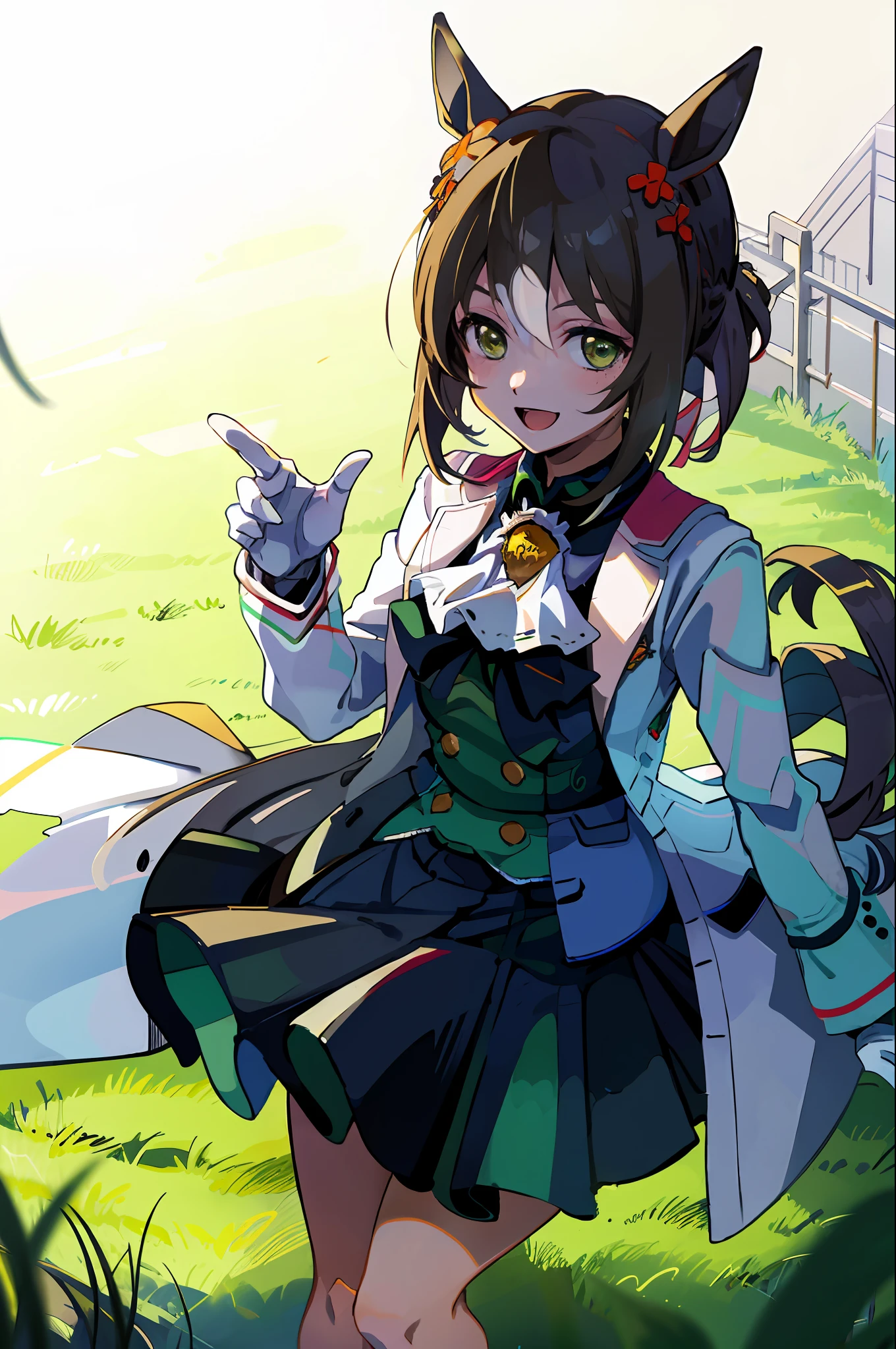 Fine Motion \(Umamusume\), Racing Wear, White jacket, Open your clothes, Black bow, button, Green shirt, Long sleeves, White Gloves, Black skirt, Short hair, Looking at Viewer, Smile a lot、frombelow:1.4、Just look at the audience、Grassland background、dynamicposes:1.4、wave her hand、Opening your mouth