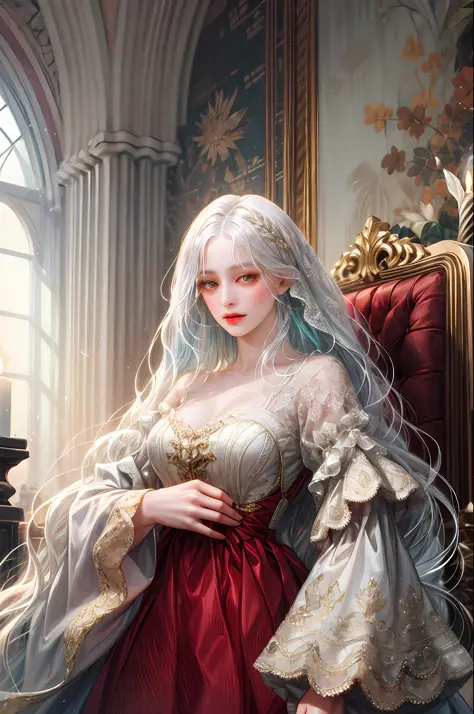 (absurdres, highres, ultra detailed), 1girl, solo, mature, (very long hair, white hair), Baroque, long dress, long sleeve, elega...