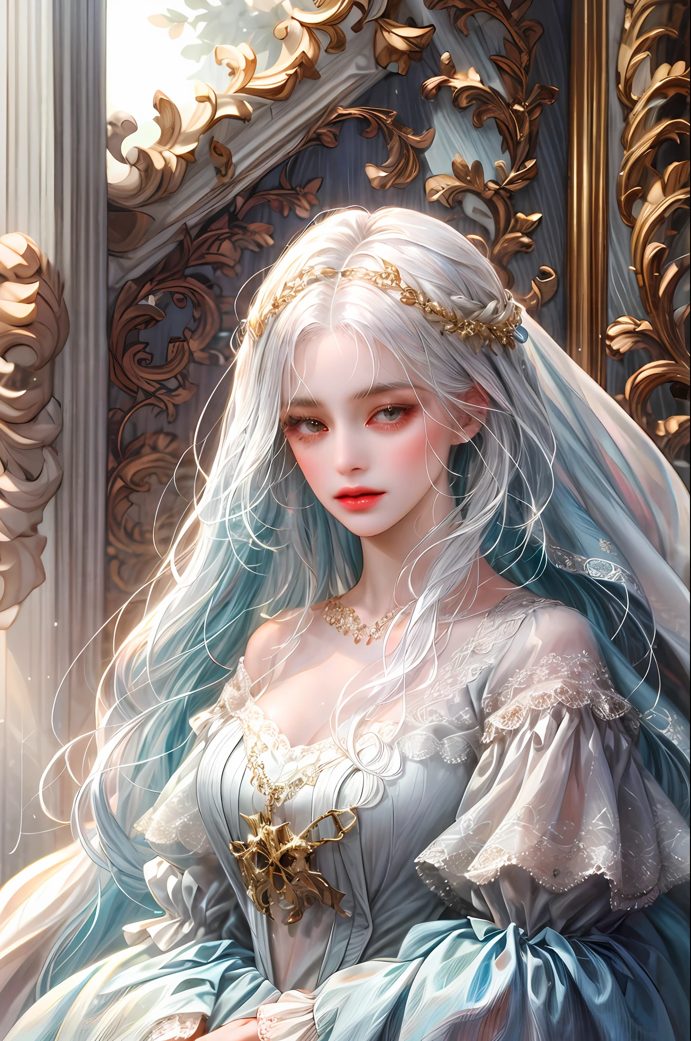 (absurdres, highres, ultra detailed), 1girl, solo, mature, (very long hair, white hair), Baroque, long dress, long sleeve, elegant, colorful, highest detailed, upper body