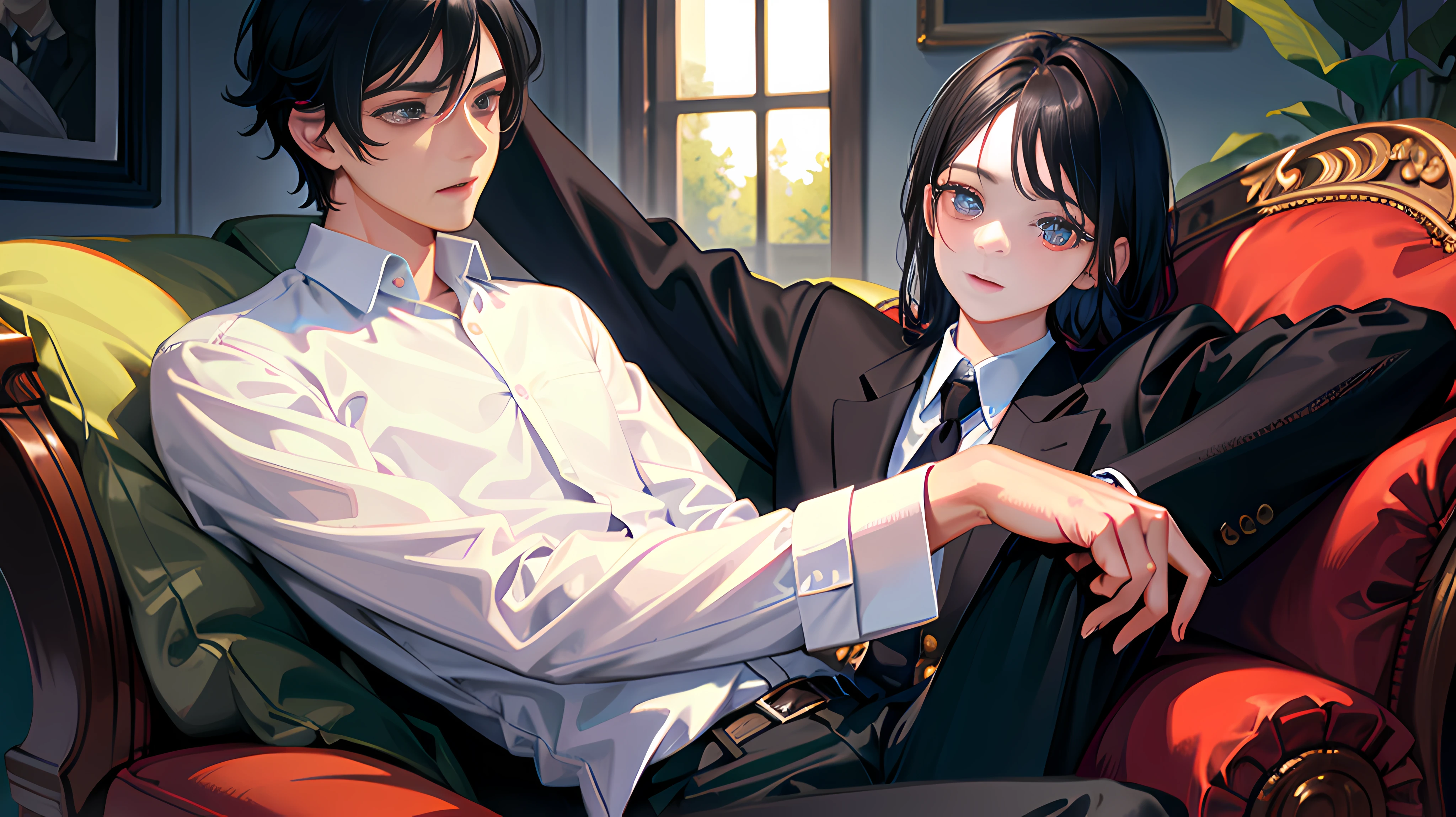 Anime couple sitting on a couch with a laptop in their lap - SeaArt AI