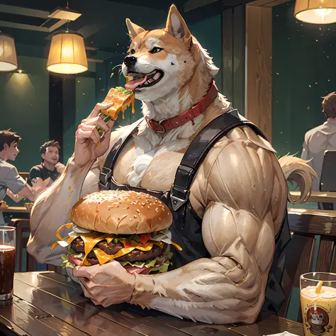 a professional photo of [(((buff swoledoge))):buff swoledoge:8], grinning, dog body, eating a large burger in a restaurant, cine...