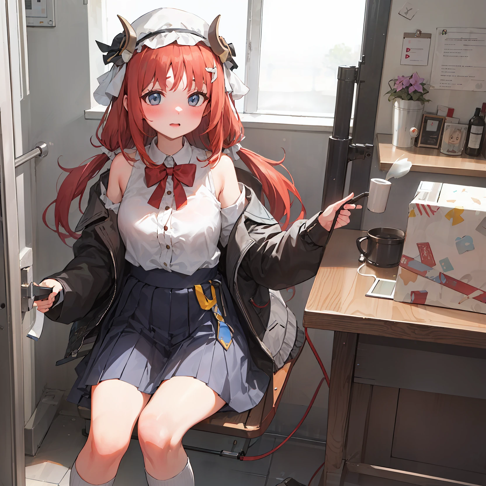 Chica anime sentada en una silla en una cocina con una computadora portátil  - SeaArt AI