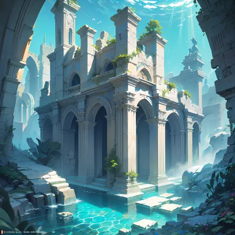 underwater world atlantis, deep sea, epic reality, (hdr: 1.4), dappled sunlight, cool colors, ancient ruins, ocean-type houses f...