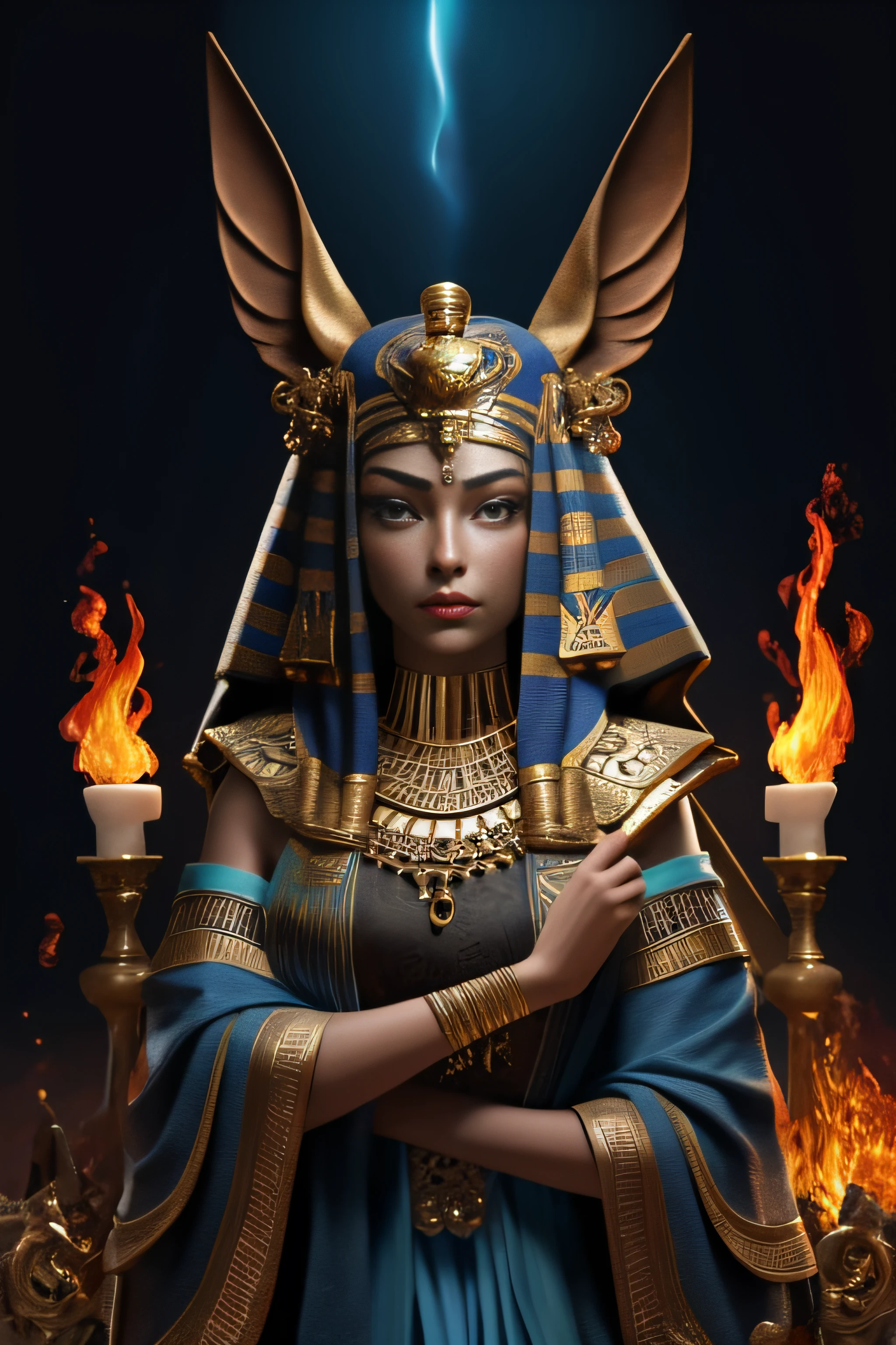 1girl, solo, portrait of godanubis with altar of fire, ornate, egypt, energy, aura, dust, debris,