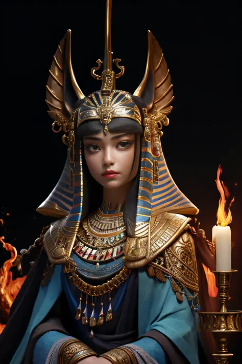 1girl, solo, portrait of godanubis with altar of fire, ornate, egypt, energy, aura, dust, debris,