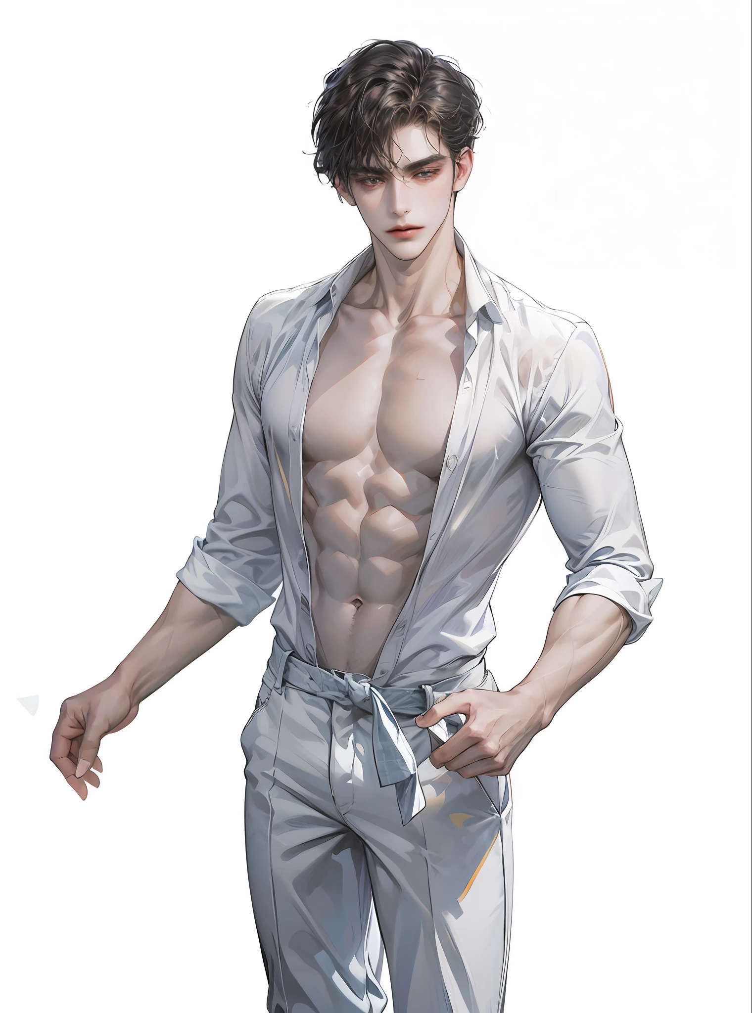 (absurdres, highres, ultra detailed, realistic, ), 1 male, solo, adult, mature, lean, handsome prince, handsome, very short hair, black hair, brown eyes, angular jaw, plain white background, white button up shirt, black pants, upper body, beautiful, looking at the viewer