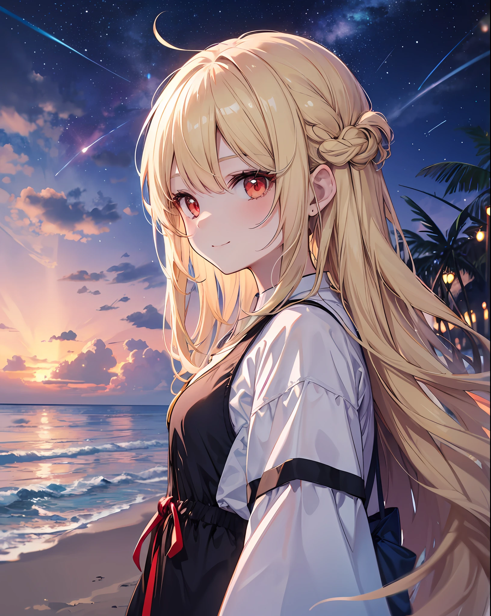 Simple clothes，1girll，yellow long hair，Red eyes，glowing light eyes，beachside，the night，Starry sky，exquisite lighting and shadows，ssmile，，A half body，Look at the screen。