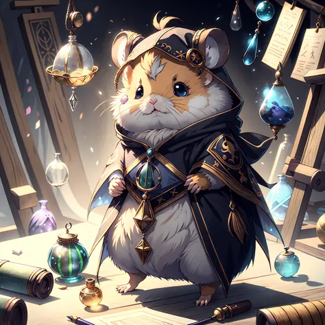masterpiece, best quality, Cu73Cre4ture, hamster wearing a cloak,hood,alchemy, potions,scrolls,drawings, Fantasy aesthetics, Hig...