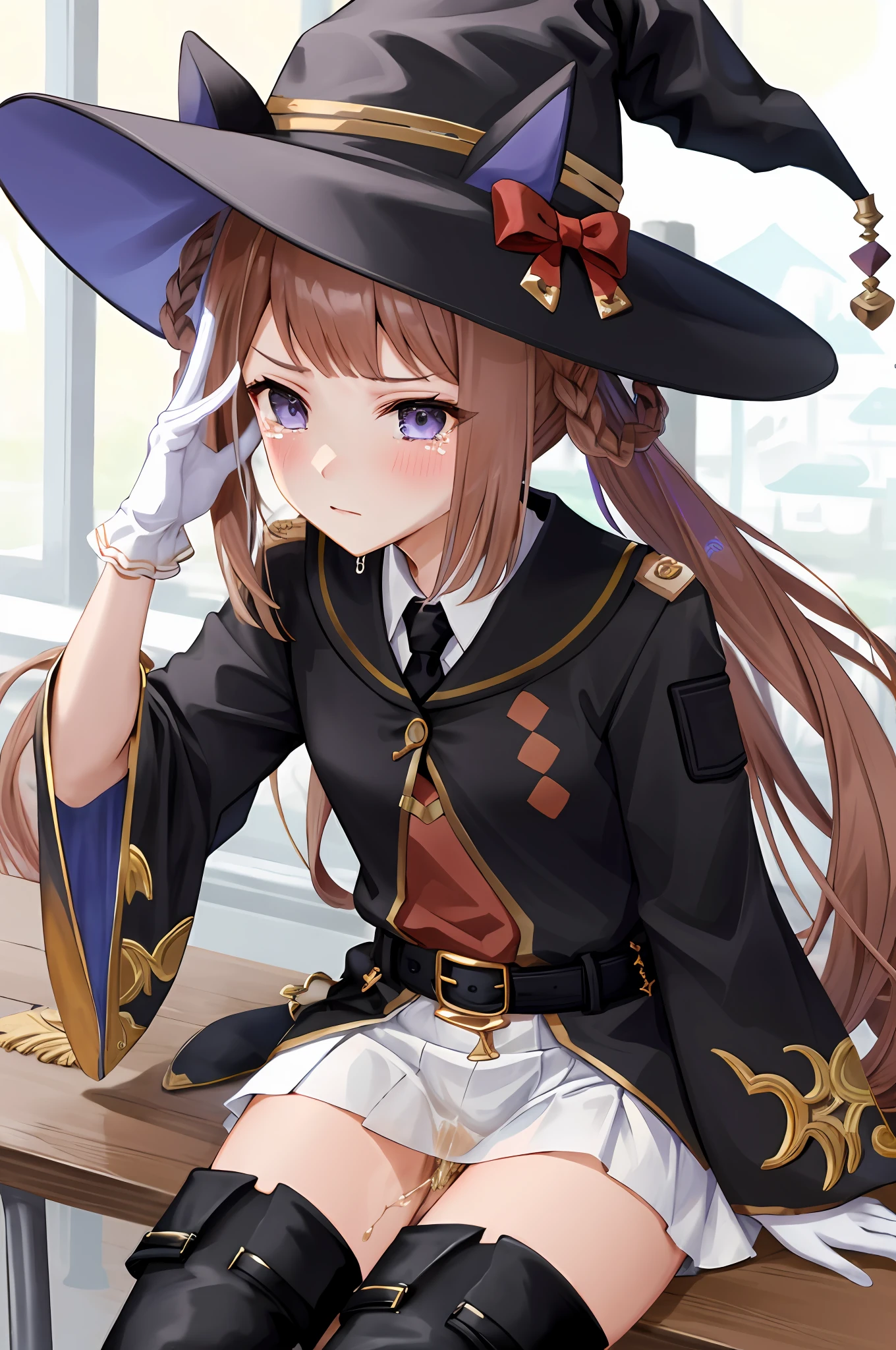 ​masterpiece、beste-Qualit、Best-aesthetic、ultra-detailliert、Sweep Tosho\(Umamusume\)、witch's hat、Black hat、Black tie、shirt with collar、Red Shirt、white glove、Wide sleeves、Black jacket、black robes、buckles、a belt、White skirt、pleatedskirt、black thighhighs、Thigh boots、High heeled boots、sitting on、pantyshot、POV crotch、white  panties、crotch seam、Slouched、feet crossed、nice hand、(Girl is leaking pee)、My crotch is wet、is crying、My cheeks are dyed red、red blush、Crying、‎Classroom