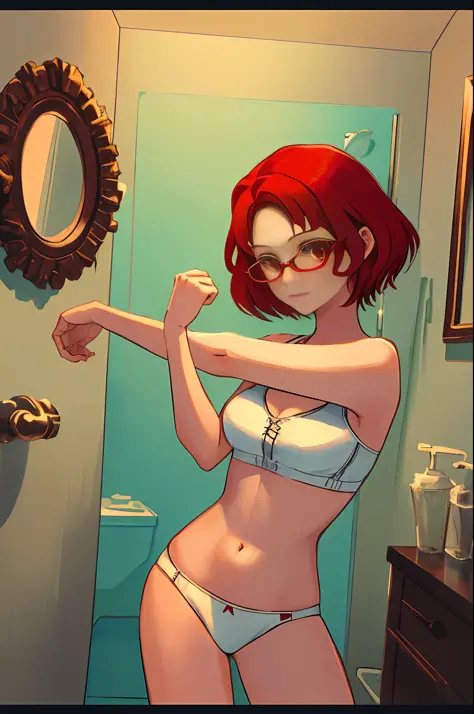 (masterpiece, best quality:1.2), solo, 1girl,((red-framed)) (under-rim) glasses, red eyes, beautiful detailed eyes,forehead, asymmetrical bangs,red hair, [[short]] hair,12 years old,in bathroom,steam, cute white Bikini,looking at viewer, cross-body stretch...