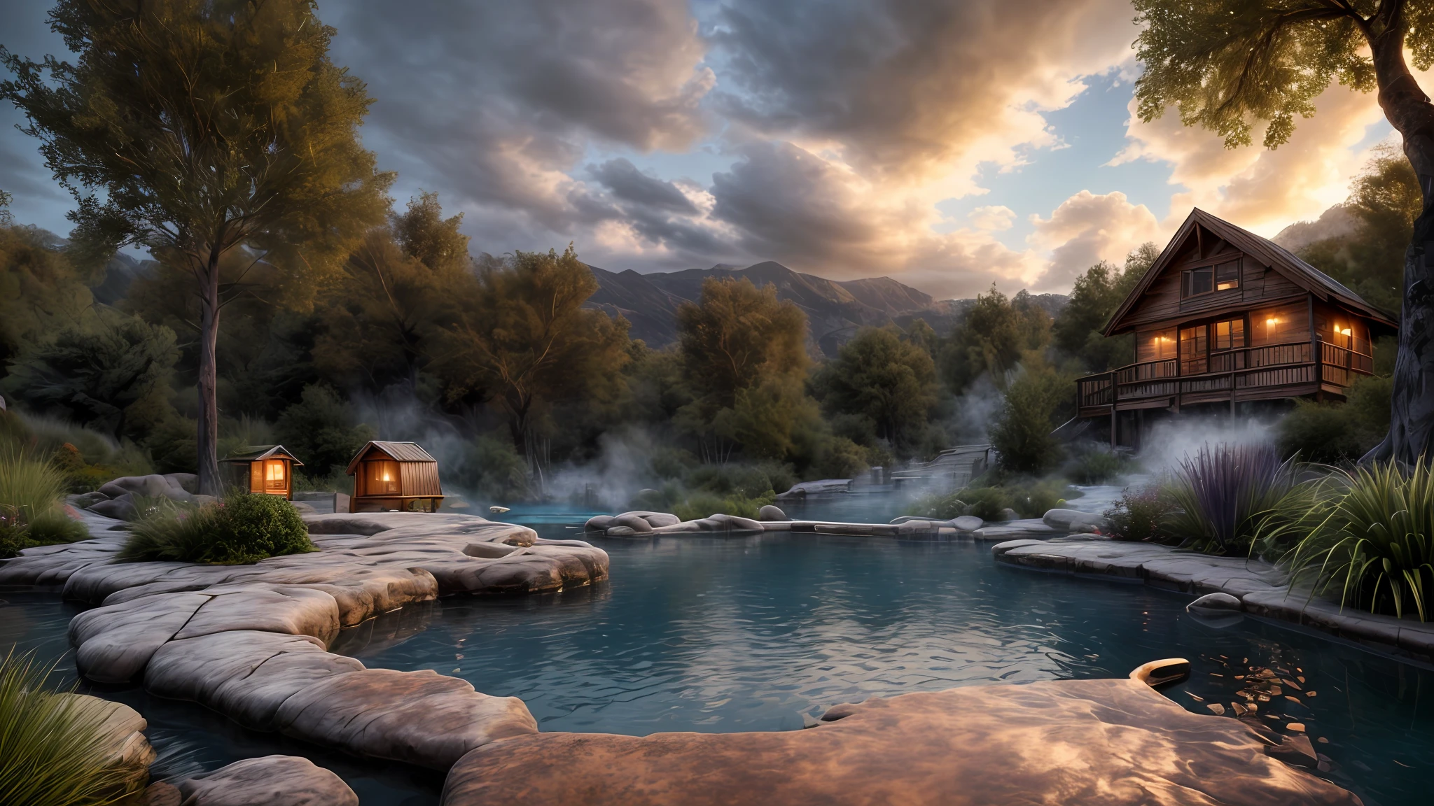 Unparalleled masterpiece, (photorealistic:1.4), best quality, beautiful lighting, (hot spring), (extremely detailed CG unity 8k wallpaper), full shot landscape photo of the most beautiful artwork in the world, cloudy sky background lush landscape house and trees illustration concept art