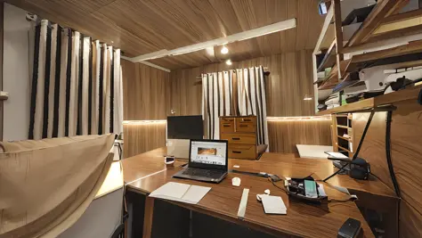 (high quality), best quality, realistic, (realistic), super detailed, (full detail),(4k),8k, modern style, office design, desk wooden. Light brown and white wood grain color, glossy wooden floor, white maple ceiling. have a laptop on a desk in a clean, com...