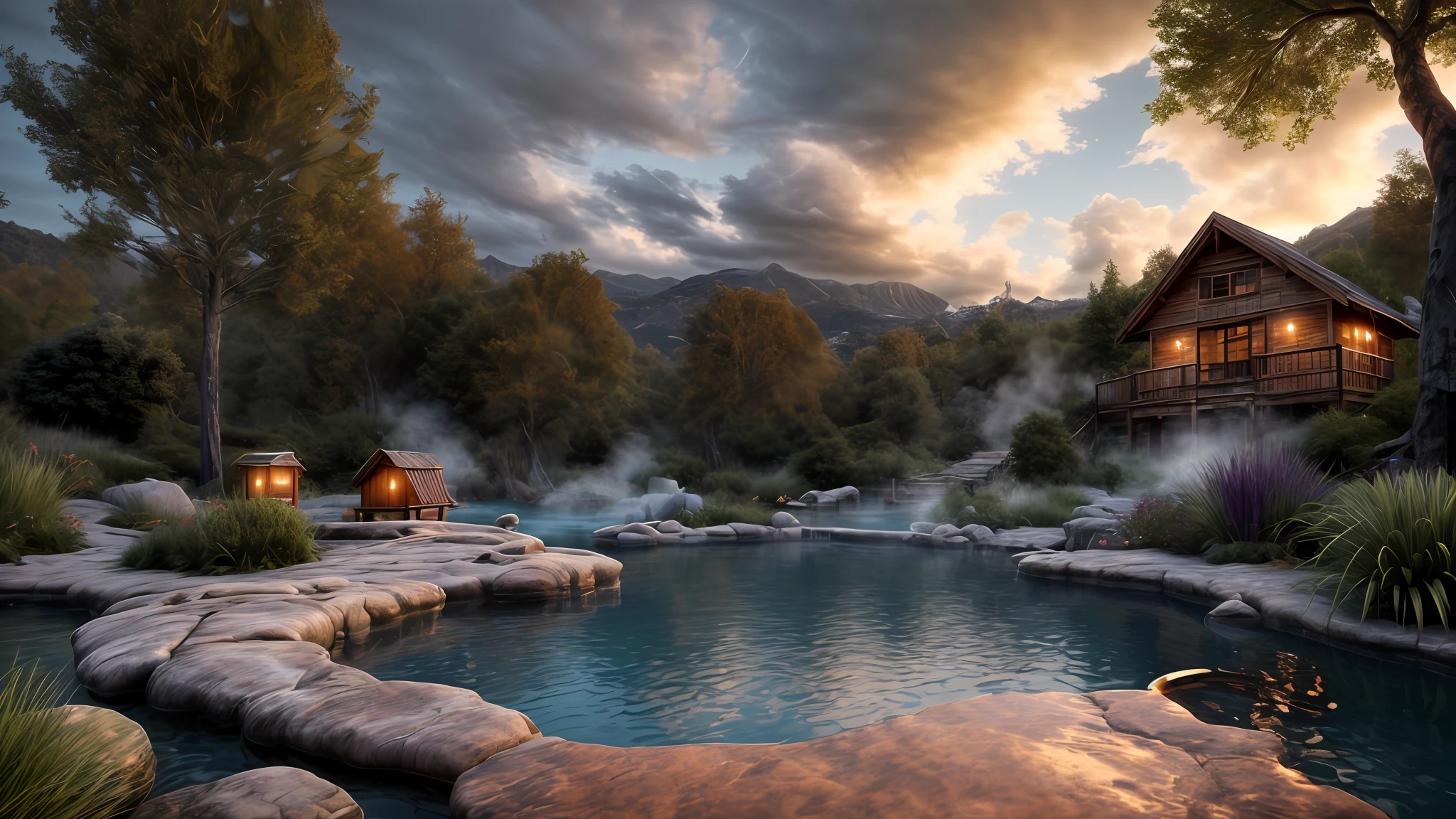 Unparalleled masterpiece, (photorealistic:1.4), best quality, beautiful lighting, (hot spring), (extremely detailed CG unity 8k wallpaper), full shot landscape photo of the most beautiful artwork in the world, cloudy sky background lush landscape house and trees illustration concept art